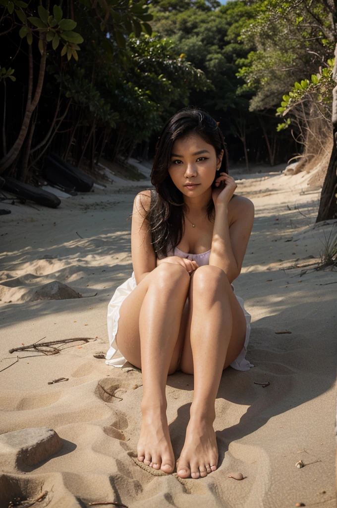 Seorang gadis berjalan membelakangi kamera dengan jejak tapak kaki raksasa di atas pasir di pinggir laut dengan suasana mentari pagi