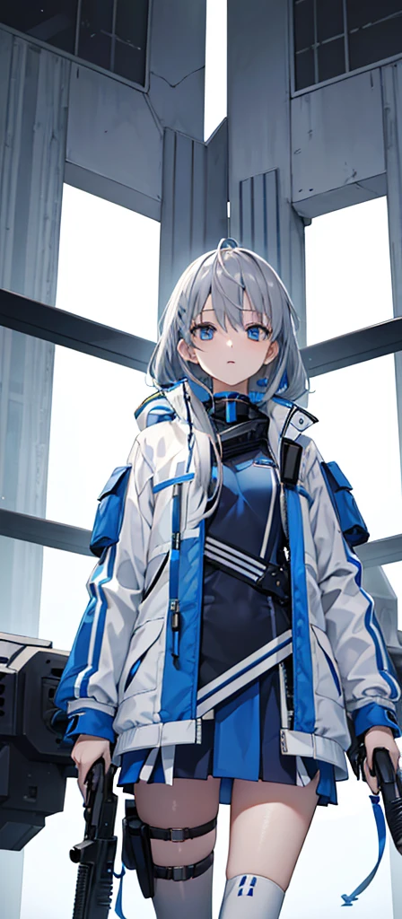 Girl，Gray Hair，Blue Eyes。Carrying two long columns，White jacket on upper body，Blue miniskirt，Technology，flat chest，Holding a gun，Airplane anthropomorphism。
