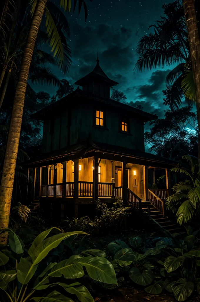 A haunted house in jungle at night