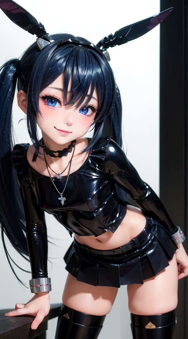  (masterpiece:1.3), (Best Quality:1.3), (Ultra-detailed:1.2), ((kawaii)), Cute, (lovely), ((sexy)), ((Extremely detailed)), 4K, (8K), Best Quality, (Beautiful), Illustration, anime style, (bold line:1.2), Gradation, looking at viewer, //, (bent down:1.1), (arms behind back), //, a cute girl, 1girl, (solo:1.2), gleaming skin, //, (flat chested), (Perfect eyes:1.2), (Perfect iris:1.2), //, darkblue hair color, (beautiful eyes) //, (half closed eyes:1.3), (sexual expression:1.2), Fascinated expression, smile, (blush:1.2), //, modern city background, on rock, twin tails, muscle girl, hard abs, exposed abs, NECKLACE, tight blouse, skirt