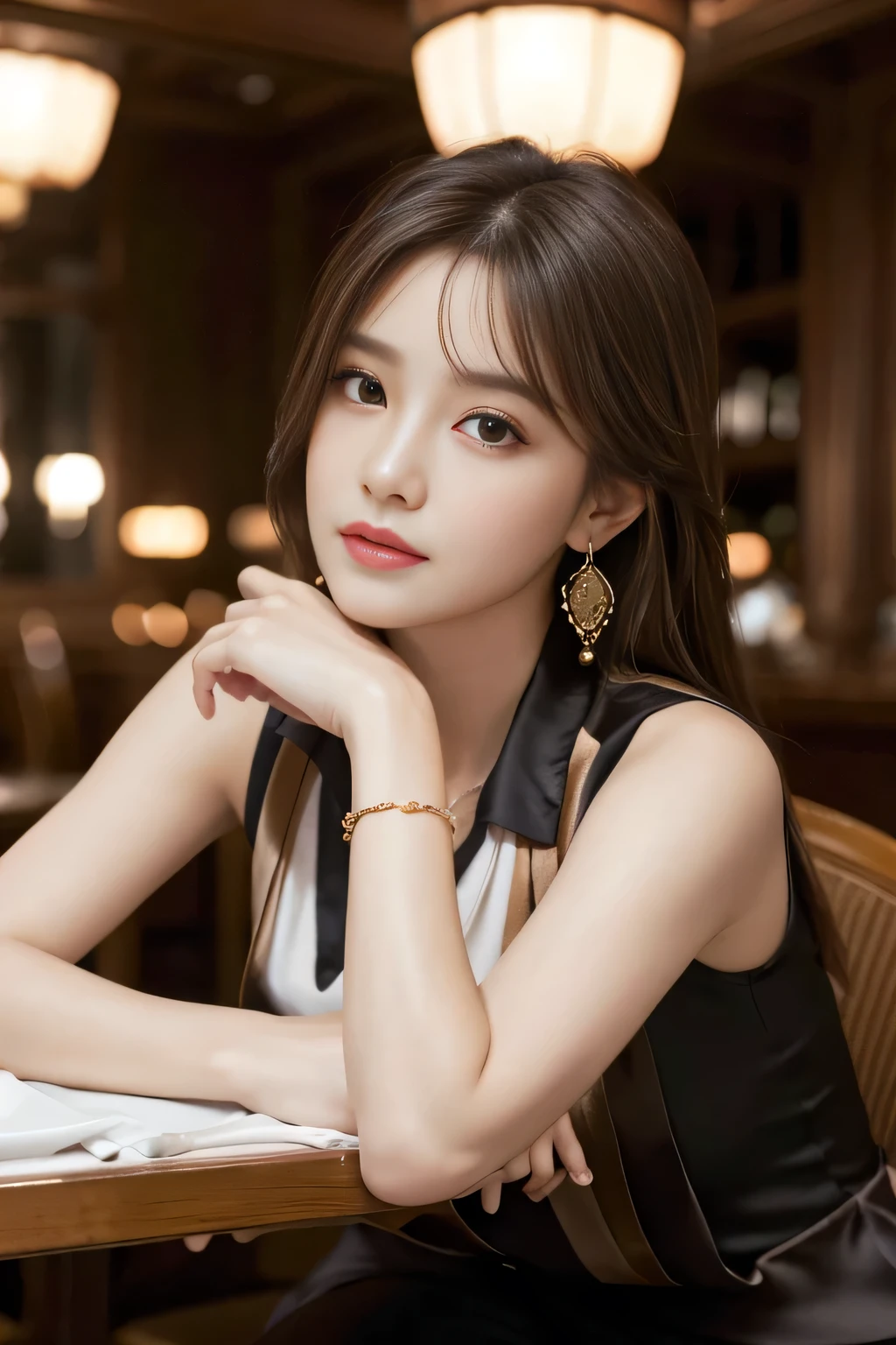 Masterpiece, Highest quality, Realistic, Very detailed, Finer details, High resolution, 8k wallpaper, One beautiful woman,Wear an elegant silk shirt, In a great restaurant, At night, Light brown messy hair, Perfect dynamic composition, Beautiful and beautiful eyes、Big earrings、Sit on a chair、Sleeveless shirt、