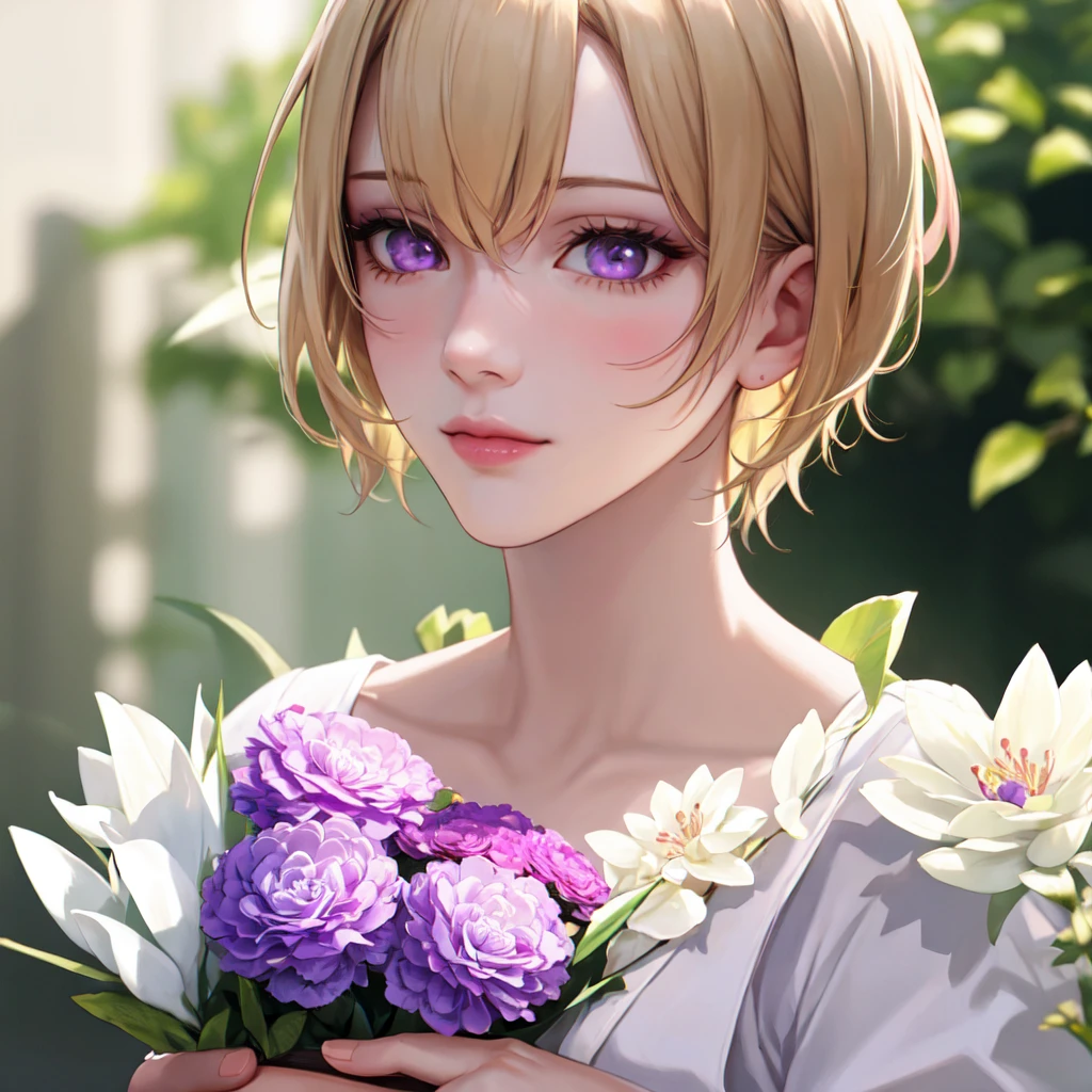 1boy holding a bouquet of pink and white flowers, handsome and delicate face, ((soft purple eyes)), ((blonde hair)), background all white, (natural skin texture), (regular lighting) (hyperrealism:1.2), focused,[[realistic]]