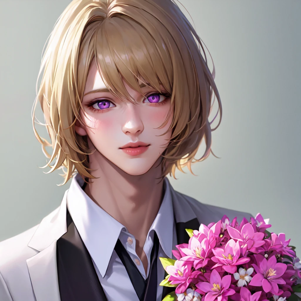 1boy holding a bouquet of pink and white flowers, handsome and delicate face, ((soft purple eyes)), ((blonde hair)), background all white, (natural skin texture), (regular lighting) (hyperrealism:1.2), focused,[[realistic]]
