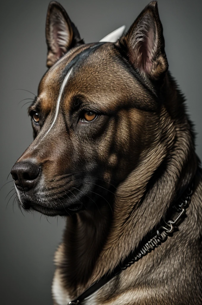 La cabeza de un perro de perfil pero que sea mitad zombie