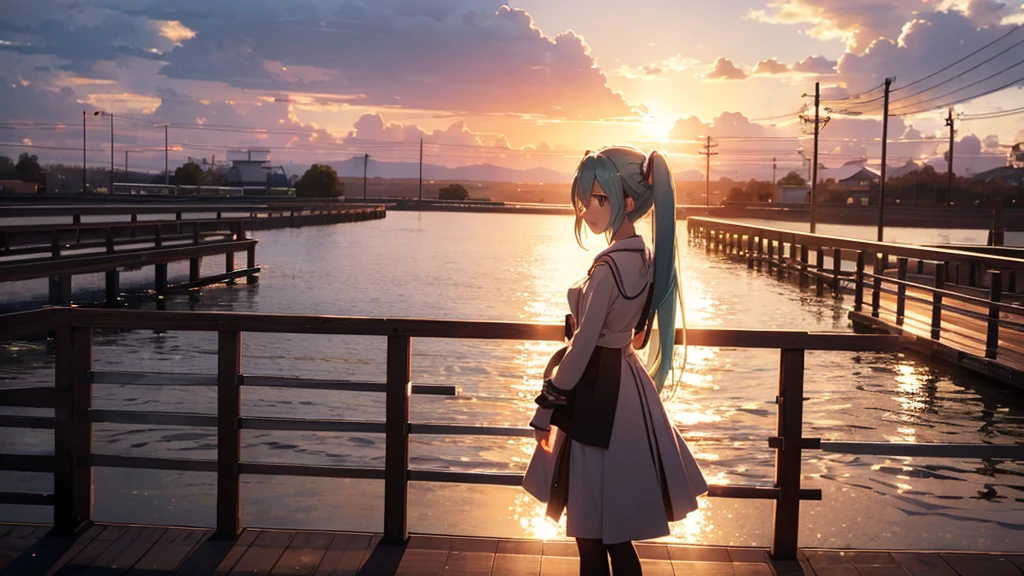 Hatsune Miku standing on a wooden bridge illuminated by the setting sun。She stared into the distance、I'm reminiscing on fond memories。Surrounded by a quiet lake、Her hair is blowing in the wind。This scene is、It has a calm and emotive atmosphere that connects the past and the present.。