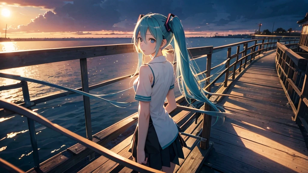 Hatsune Miku standing on a wooden bridge illuminated by the setting sun。She stared into the distance、I&#39;m reminiscing on fond memories。Surrounded by a quiet lake、Her hair is blowing in the wind。This scene is、It has a calm and emotive atmosphere that connects the past and the present.。