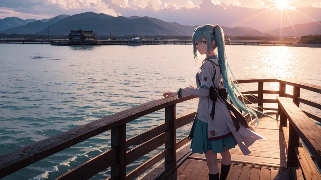 Hatsune Miku standing on a wooden bridge illuminated by the setting sun。She stared into the distance、I'm reminiscing on fond memories。Surrounded by a quiet lake、Her hair is blowing in the wind。This scene is、It has a calm and emotive atmosphere that connects the past and the present.。