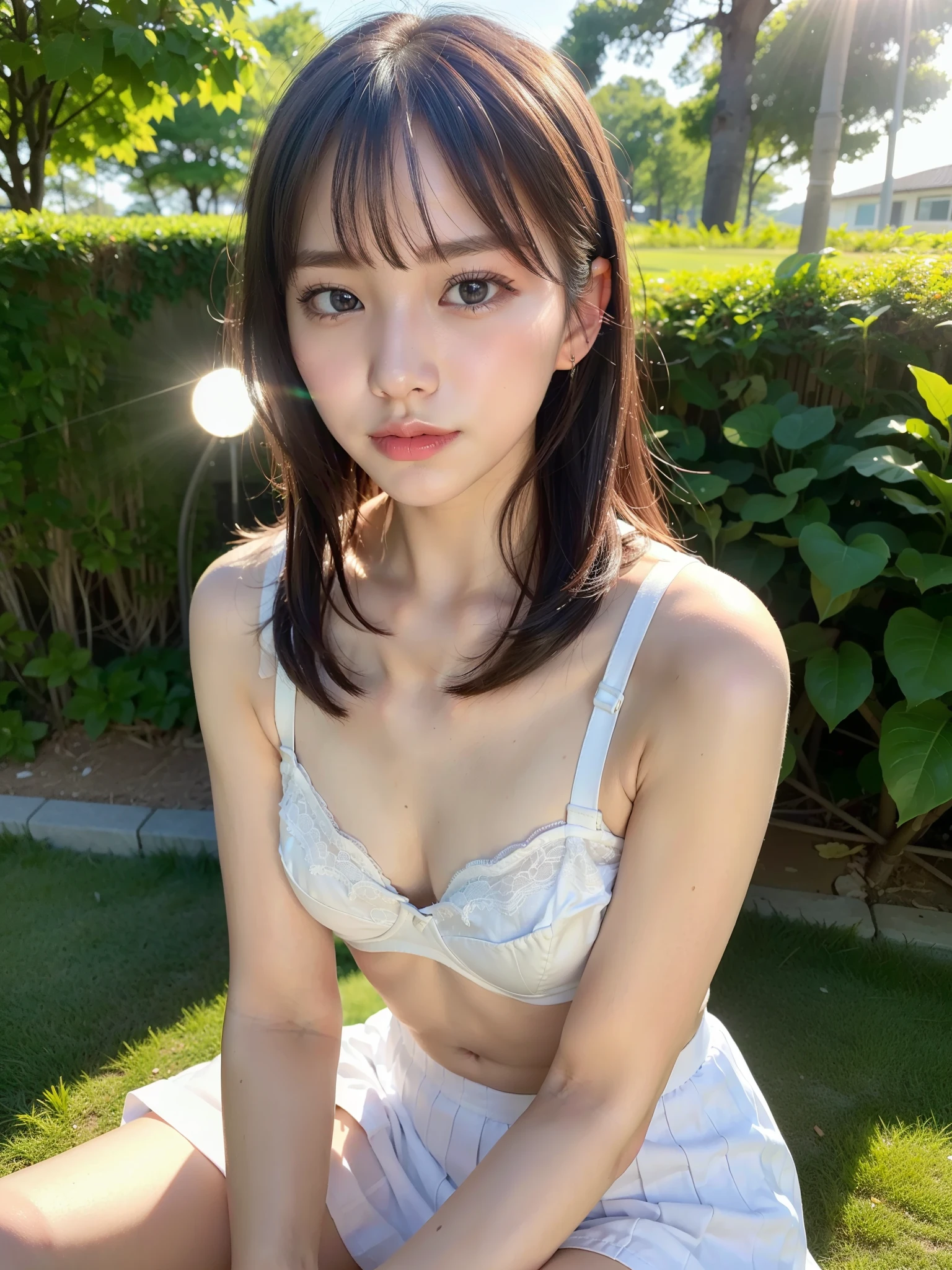 ((Best of the highest quality, 8k, Masterpiece, raw photo: 1.3)), Sharp focus: 1.2, (1 AESPA, slim body type female, 21 y/o: 1.1), (Solo: 1.2), (realistic, photo-realistic:1.37), face focus, cute face, finely eyes, (droopy eyes: 1.32), (Emphasize prominent aegyo-sal with bright: 1.2), shimmering eyeshadow applied under the lower lash line, paired with thick, (small breasts, flat chest, Thigh: 1.3), (short messy hair, bangs: 1.2), (bra, skirt, sun visor: 1.24), sitting Golf course, sun light, flower,