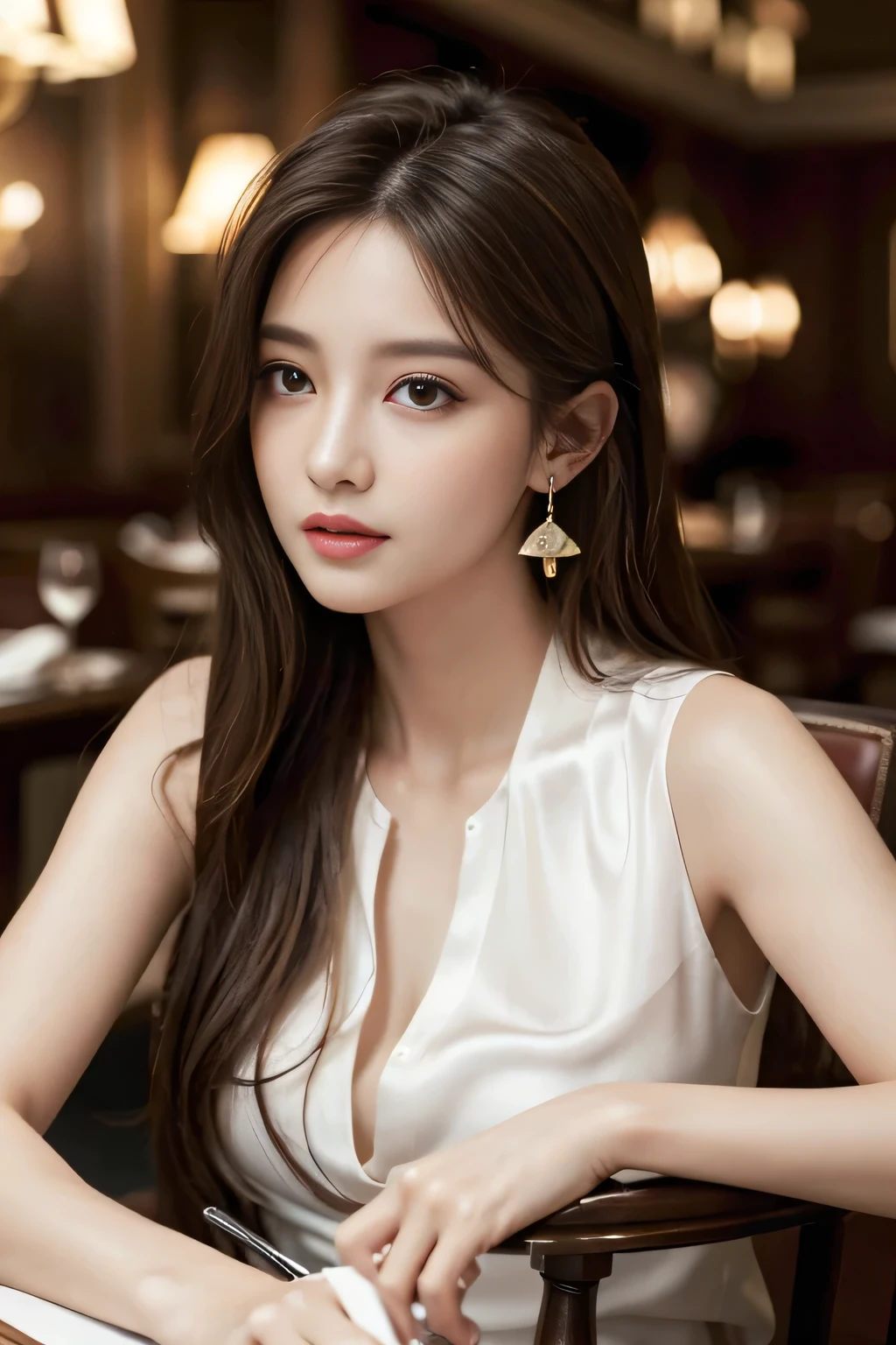 Masterpiece, Highest quality, Realistic, Very detailed, Finer details, High resolution, 8k wallpaper, One beautiful woman,Wear an elegant silk shirt, In a great restaurant, At night, Light brown messy hair, Perfect dynamic composition, Beautiful and beautiful eyes、Big earrings、Sit on a chair、Sleeveless shirt、