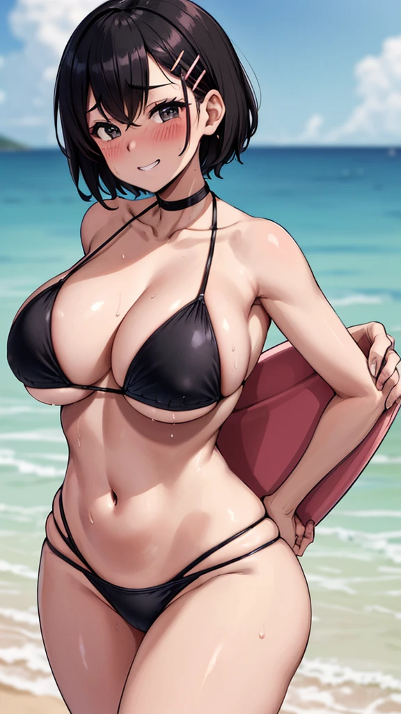 masterpiece, highest quality, High resolution, his funeral, short hair, hair clip,(beautiful,big breasts),Are standing,facing forward, swimsuit,(black bikini:1.4),beach, outdoors,((big breasts)),full bust,thin,(emphasize the chest:1.6),Sweat,(huge round breasts:1.1),firm chest,big,close up of chest,grin and laugh,((blush)),(crush one's chest),(pregnant_belly)