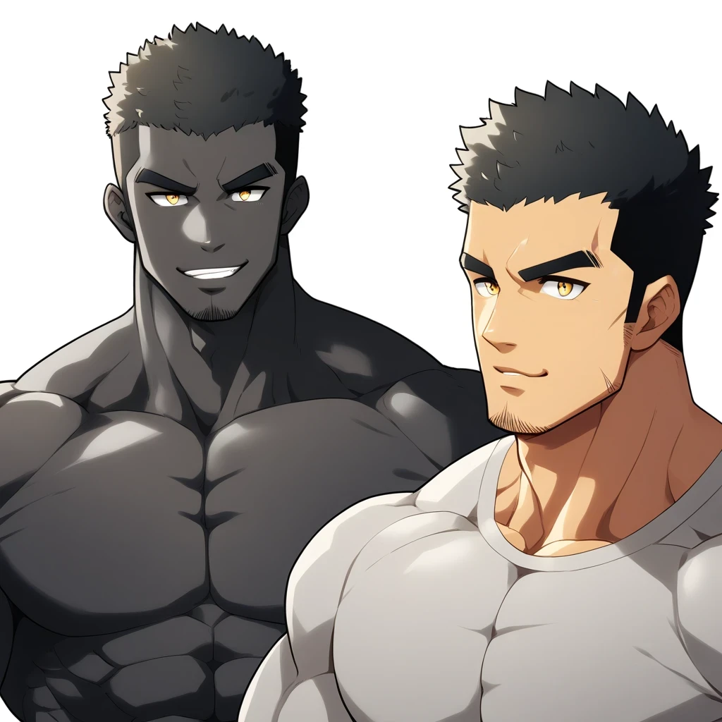 one negro, anime characters:Gyee, Muscle Sports Student, negro black skin, Very Black, 1 muscular tough guy, Manliness, male focus, Dark grey ong sleeve tights, Regular symmetrical pattern, Very tight, The pectoral muscles are oversized, muscular male, muscular, only, Upper body, alone, Black short hair, Thick eyebrows, stubble, Yellow eyes, White background, simple background, amazing quality, best aesthetics, Ridiculous, bright pupils, crew cut, parted lips, seductive smile, torogao, naughty face, best quality