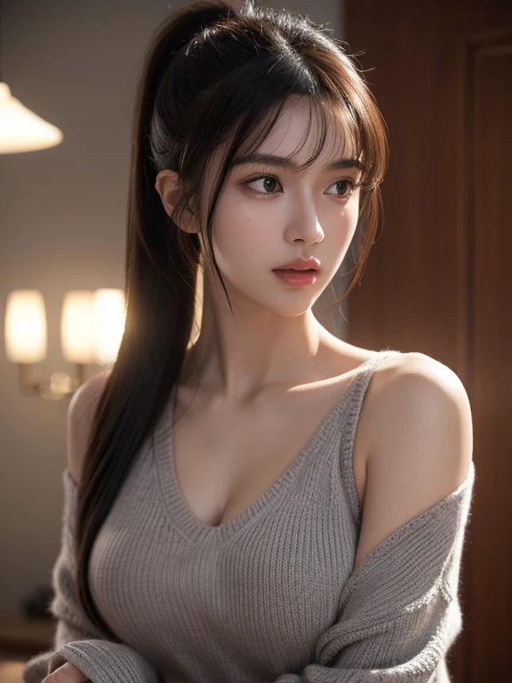 ultra high res, masterpiece, best quality, ,perfect glossy shiny skins, perfect lighting, detailed lighting, dramatic shadows, ray tracing, ung ultra hot sexy girl girl,upper body, gray half-opened short sweater, looking at viewer, off shoulder, Big breasts, Exposed cleavage, sensual Cyberpunk, long bangs, pony tail hair, nsfw, detail skin texture , realistic:1.2