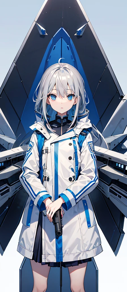 Girl，Gray Hair，Blue Eyes。Carrying two long columns，White jacket on upper body，Blue miniskirt，Technology，flat chest，Holding a gun，Airplane anthropomorphism。