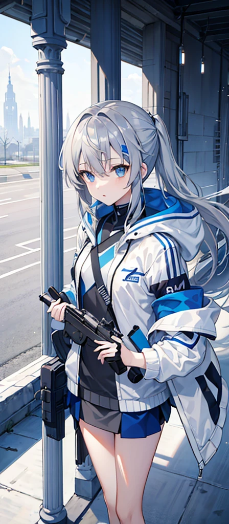 Girl,Gray Hair,Blue Eyes。Carrying two long columns,White jacket on upper body,Blue miniskirt,Technology,flat chest,Holding a gun,Airplane anthropomorphism。