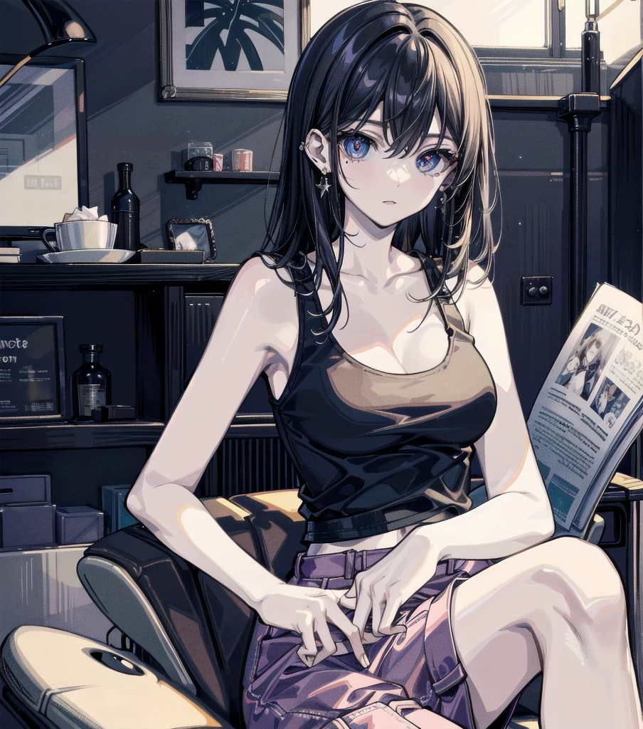 whole body, absurdres, RAW photo, extremely delicate and beautiful, masterpiece, Best Quality, ultra high resolution, 32k, hyperrealistic, ultra-detailed, detailed description, pale skin, 20 years old, detailed beautiful face and eyes, big tits, medium hair, black hair, tearful mole, earring, t-shirt, tank top, Hot Pants,