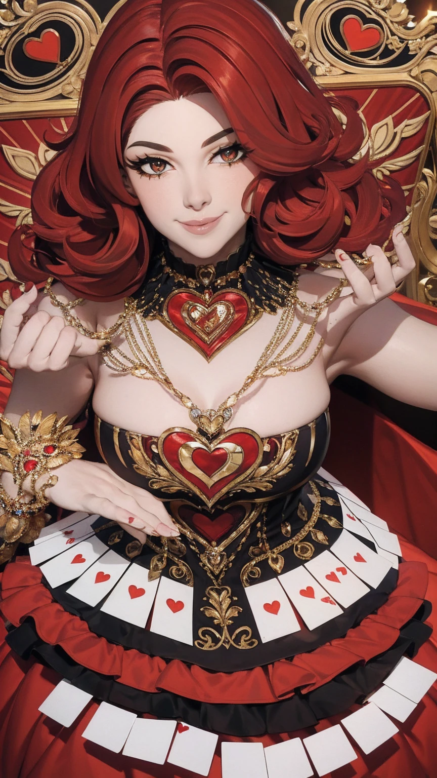 Em um luxuoso cassino, A stunning woman wears an exquisite dress adorned with heart symbols, embodying the royal presence of the Queen of Hearts. Surrounded by a backdrop of poker cards and chips, She exudes confidence and seduction, convidando os jogadores a testar sua sorte e habilidades no jogo de azar. short curly hair, cabelos vermelhos (red hair ) (queen of hearts), backwards, looking back, sorrindo, sorriso largo, upper body