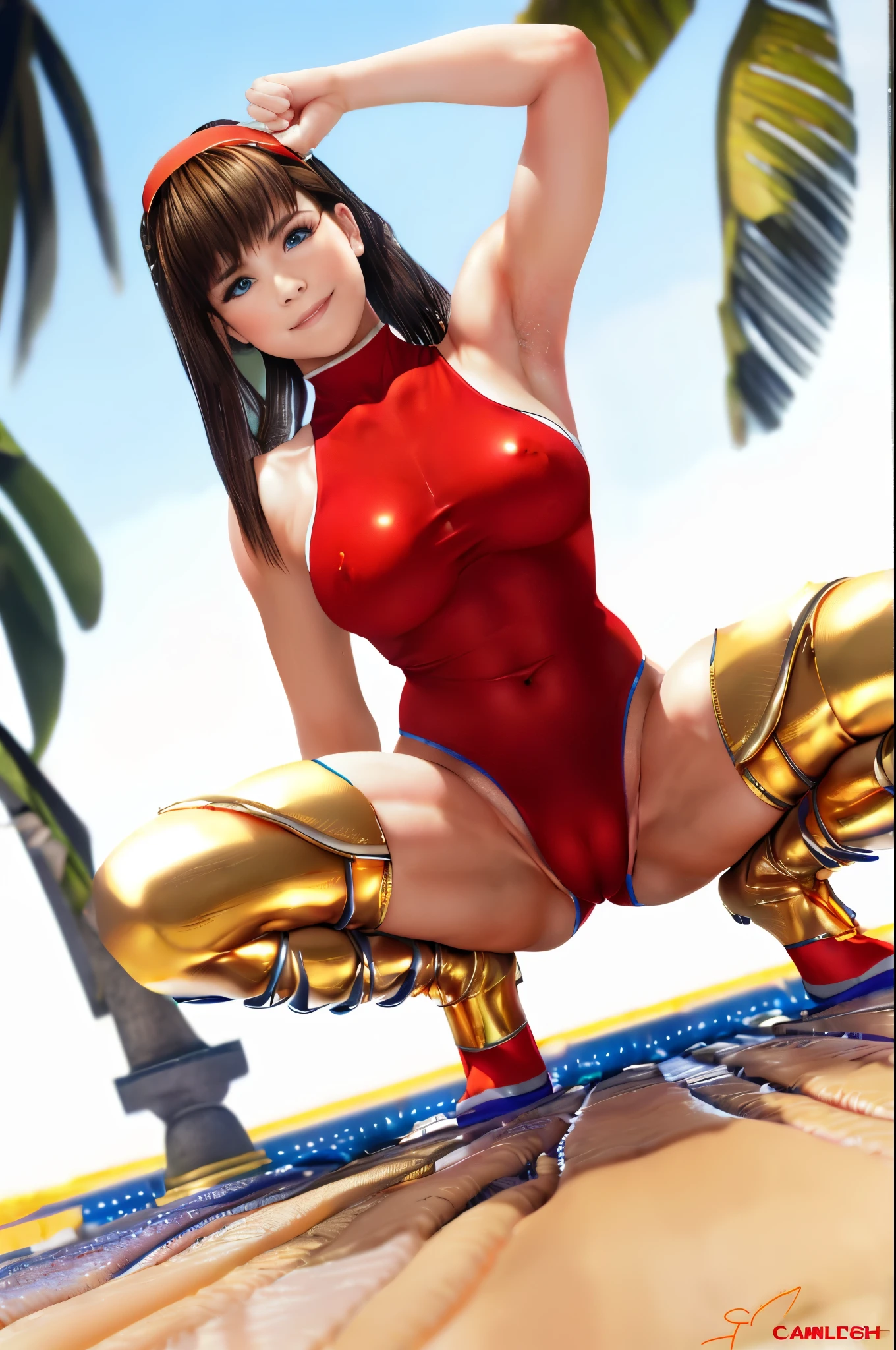 Top image quality、top-quality、8K picture quality、(((front view)))、(((cameltoe:1.3)))、((Squat))、1girll、full body Esbian、hitomi、A smile、embarrassed from、red blush、Beautiful fece、(Blue Eyes)､(Red headband:1.2)、((Gold Metallic))、(Erect nipples)、(Sleeveless)、(High neck competitive swimsuit)、(highleg)、(Crotch penetration)、(pin heels)、Squatting on the ground、(((Open your crotch wide from side to side)))、((Leg spread))、Arms behind head、(Show off your armpits)、Gaze towards the viewer))、((Show viewers your crotch)) 、((Frontal shot))、in poolside、profetional lighting、professional photograpy