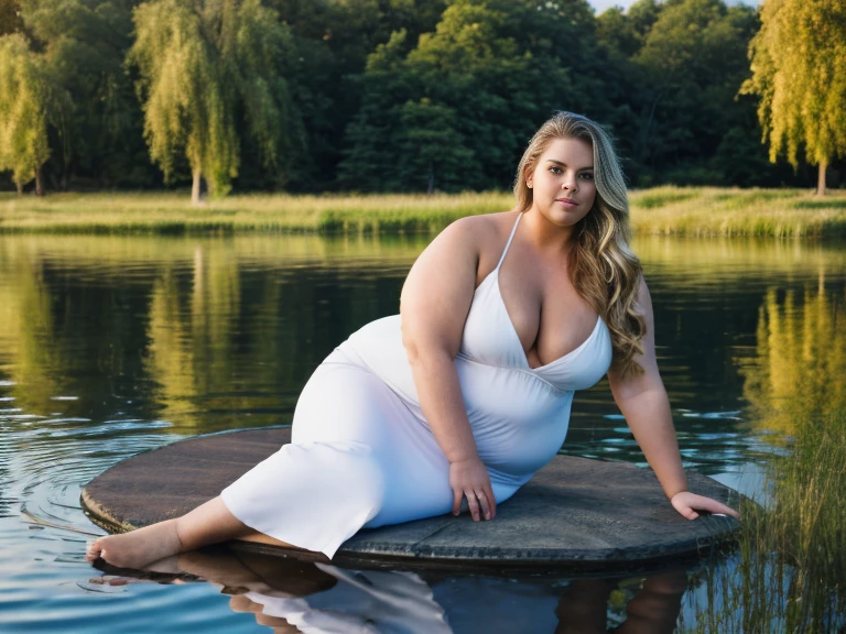 Rule_of_thirds, 1 girl, extremely obese, (obese belly):1.7, (obese legs):1.5, fat rolls, SSBBW Adeline body, Serene expression, mesmerizing eyes, gorgeous supermodel face, straight long blonde hair, flowing dress, poised posture, porcelain skin, subtle blush, crystal pendant
BREAK
golden hour, (rim lighting):1.2, warm tones, sun flare, soft shadows, vibrant colors, painterly effect, dreamy atmosphere
BREAK
scenic lake, distant mountains, willow tree, calm water, reflection, sunlit clouds, peaceful ambiance, idyllic sunset, ultra detailed, official art, unity 8k wallpaper
, zentangle, mandala