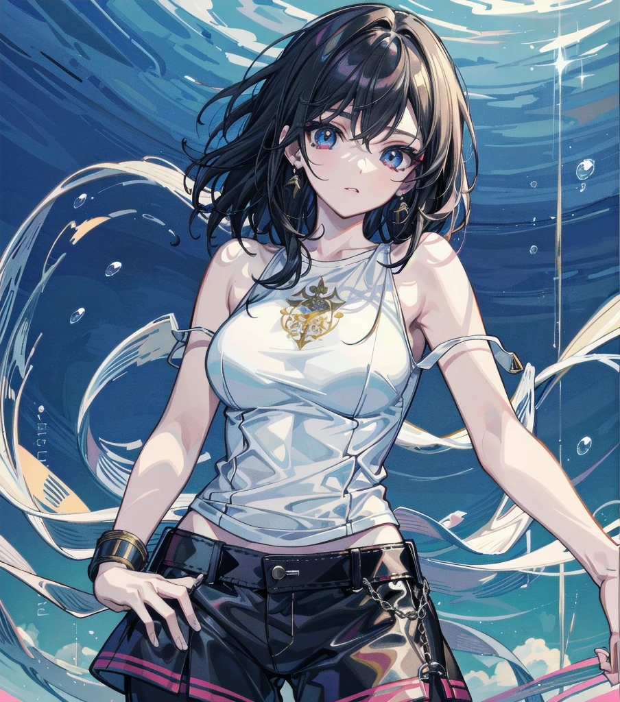 whole body, absurdres, RAW photo, extremely delicate and beautiful, masterpiece, Best Quality, ultra high resolution, 32k, hyperrealistic, ultra-detailed, detailed description, pale skin, 20 years old, detailed beautiful face and eyes, big tits, medium hair, black hair, tearful mole, earring, t-shirt, tank top, Hot Pants,