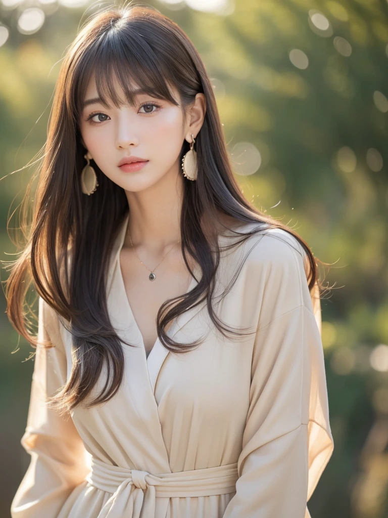 ((Highest quality, 8K, masterpiece:1.3)), concentrate: 1.2, Perfect body beauty: 1.4, Hips: 1.2, ((Long Hair, chest: 1.2)), (Dry clothes: 1.1) , (clear, Simple Background:1.3), Simple clothes: 1.1, Highly detailed face and skin texture,Delicate eyes, double eyelid, Whitened skin, Rough skin、Long Hair、Earrings with bangs、necklace、 solo、Beige coat、White shirt, (((Beautiful girl with cute Japan)))、 ((Beautiful Japanese girl 20 years old))、 ((Baby Face))、 (((Slender body)))、 Upper Body,Face focus、necklace,Simple Background,From above, Realistic Hair、 A photograph was taken:Canon EOS R6、135mm、1/1250 seconds、f2.8、ISO400、(Detailed explanation of the hand)、(Masseter muscle area)、(Exquisite CG)、Long Hair, loose and curly hair、Korean Hair、Long Hair明るいベージュ色、グラデーションハイライトグレージュのゆるふわLong Hairスタイル、