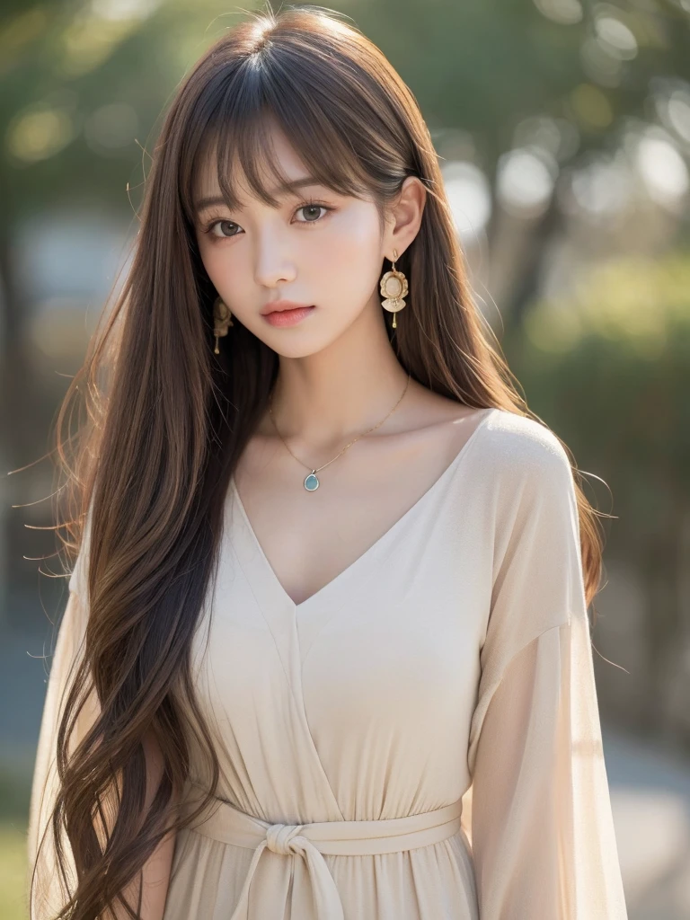  ((Highest quality, 8K, masterpiece:1.3)), concentrate: 1.2, Perfect body beauty: 1.4, Hips: 1.2, ((Long Hair, chest: 1.2)), (Dry clothes: 1.1) , (clear, Simple Background:1.3), Simple clothes: 1.1, Highly detailed face and skin texture,Delicate eyes, double eyelid, Whitened skin, Rough skin、Long Hair、Earrings with bangs、necklace、 solo、Beige coat、White shirt,  (((Beautiful girl with cute Japan)))、  ((Beautiful Japanese girl 20 years old))、 (())、 (((Slender body)))、  Upper Body，Face focus、necklace，Simple Background，From above， Realistic Hair、 A photograph was taken:Canon EOS R6、135mm、1/1250 seconds、f2.8、ISO400、(Detailed explanation of the hand)、(Masseter muscle area)、(Exquisite CG)、Long Hair, loose and curly hair、Korean Hair、Long Hair明るいベージュ色、グラデーションハイライトグレージュのゆるふわLong Hairスタイル、