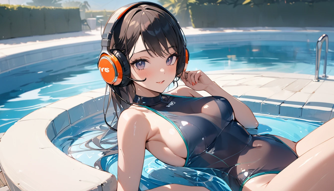 ((Top Quality)), ((Masterpiece)), ((Detail)), Perfect face, Perfact bodty, sitting on the swmming pool, listening to music, wearing headphones, wearing swimsuits, swimsuits are transparent, legs open Sitting wide open, wearing tight clothing (yes, buttocks and breasts are exposed). I see a face, one women