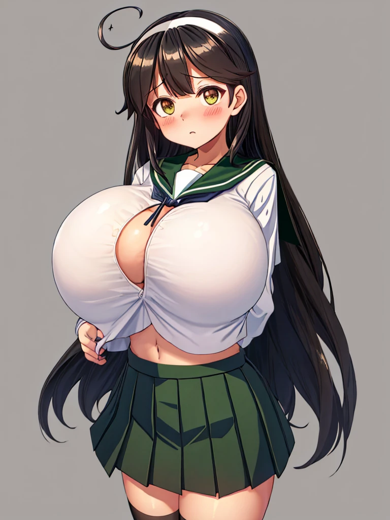 Highest quality, masterpiece, High resolution, One person in, {Ushio_Fleet Collection:1.15}, length_hair, black_hair, Ahoge, brown_eye, blush, chest, Seraph, (Very large saggy breasts:1.3), One girl, green_Sailor_collar, Looking_in_Audience, Sailor_collar, School_uniform, green_skirt, cardigan, Simple_background, skirt, gray_background, hairband, pleined_skirt, white_hairband, hair_between_eye, upper_body