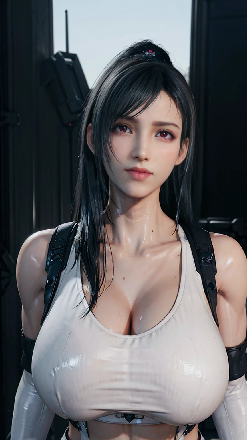 Solo, stand up straight, black hair, physically-based rendering, Unreal Engine 5 Render, (muscular body shape, perfect body),(very huge fake breast, open chest:1.5), 11 line abs, big Hips, (beautiful cyborg woman,Black Mecha cyborg girl,cyber cleavage crop top armored,white Mecha body girl,guard arms,gloves:1.5), (close up upper body), (wet sweaty skin,oiled bodyskin,clean skin), beauty model, 4K Resolution.