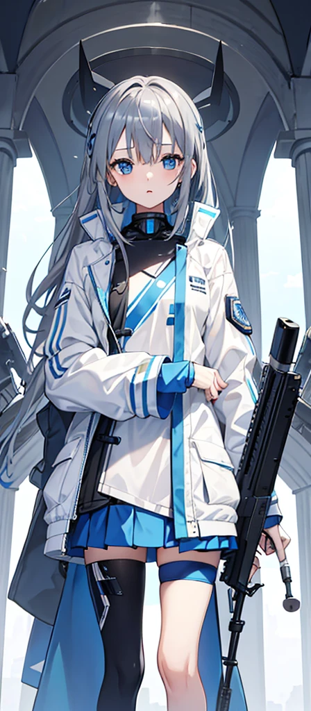 Girl，Gray Hair，Blue Eyes。Carrying two long columns，White jacket on upper body，Blue miniskirt，Technology，flat chest，Holding a gun，Airplane anthropomorphism。