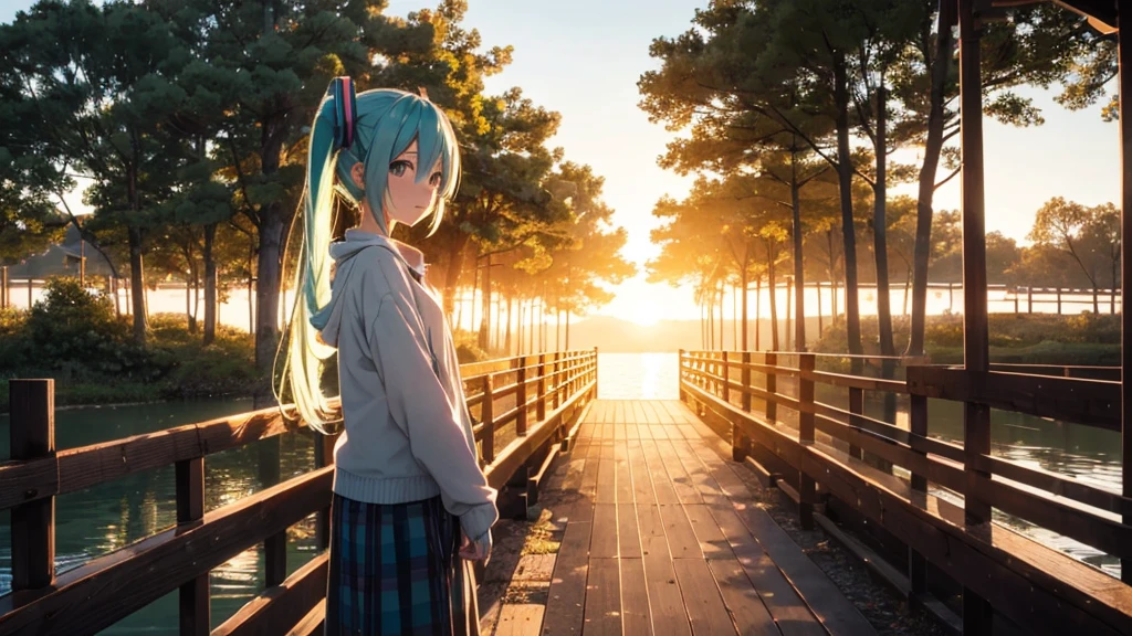 Hatsune Miku standing on a wooden bridge illuminated by the setting sun。She stared into the distance、I'm reminiscing on fond memories。Surrounded by a quiet lake、Her hair is blowing in the wind。This scene is、It has a calm and emotive atmosphere that connects the past and the present.。