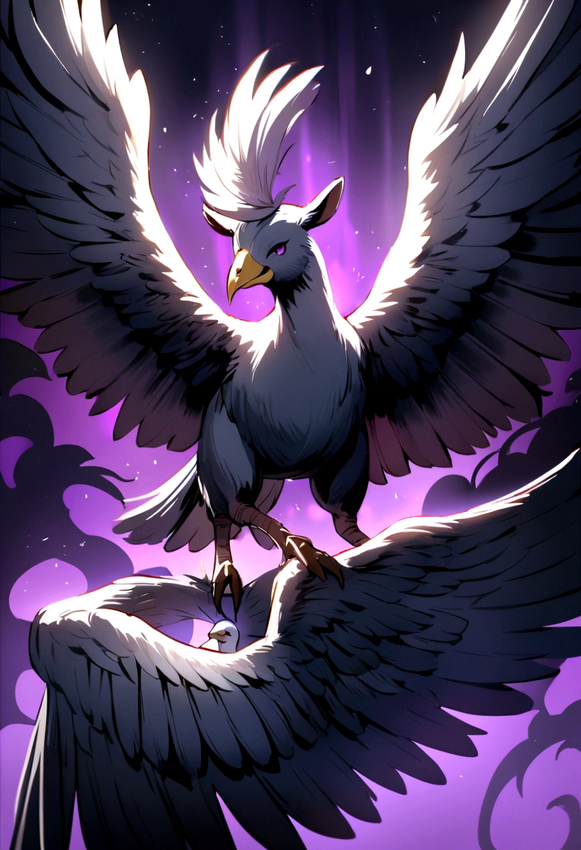 The pigeon that like a wolf and a goat , wings , beak , white soft feather , 4 legs , ears , horn , dark purple aura , white pink eyes