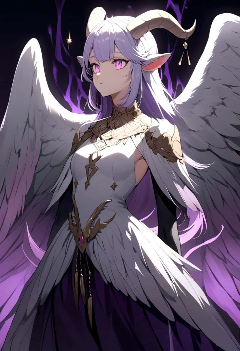 The pigeon that like a wolf and a goat , wings , beak , white soft feather , 4 legs , ears , horn , dark purple aura , white pink eyes