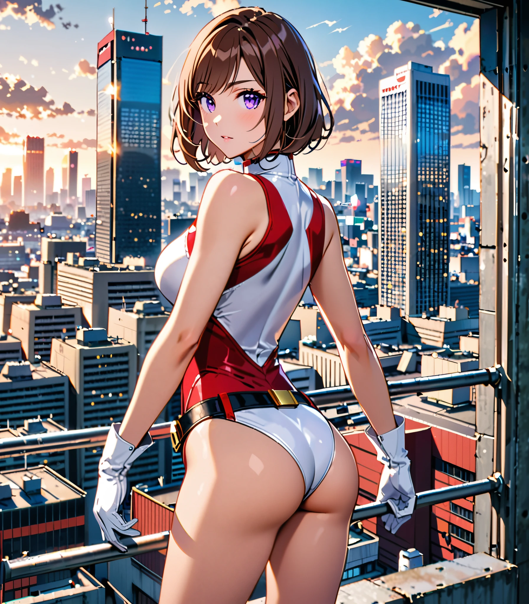 (masterpiece), (best quality), (high res), medium breasts, ((leotard, white and red leotard, matching leotard, sleeveless, bare legs)), ((tight belt, gold belt)), ((boots, matching boots, ankle-high boots, white boots)), ((gloves, white gloves)), city backdrop, tokyo city backdrop, solo, solo focus, standing, (full body), cowboy shot, superhero, ((beautiful detailed eyes)), (brown hair, medium hair, bob hair, purple eyes), (perfect hands, perfect anatomy), cowboy shot, superhero, ((beautiful detailed eyes)), full body costume design, ((rear view, back view)).