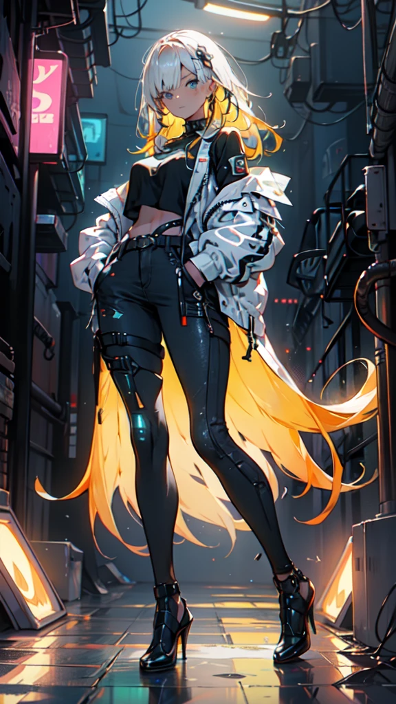 1 girl, long Yellow hair , cyberpunk, blue eyes, high heels, hand in pocket, best quality, 4k, 8k, highres, masterpiece:1.2, ultra-detailed, realistic, photorealistic, photo-realistic:1.37, HDR, UHD, studio lighting, ultra-fine painting, sharp focus, physically-based rendering, extreme detail description, professional, vivid colors, bokeh, cyberpunk, science fiction, neon lights, dark atmosphere, dramatic lighting