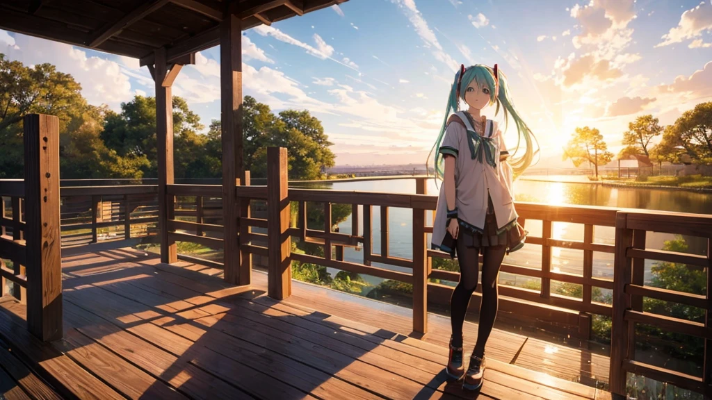 Hatsune Miku standing on a wooden bridge illuminated by the setting sun。She stared into the distance、I'm reminiscing on fond memories。Surrounded by a quiet lake、Her hair is blowing in the wind。This scene is、It has a calm and emotive atmosphere that connects the past and the present.。