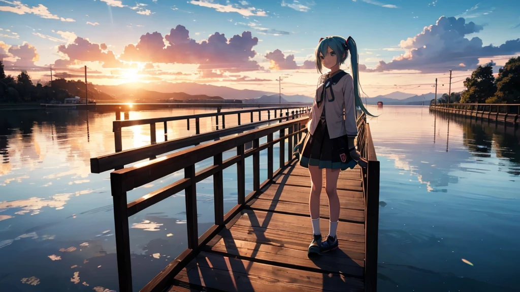 Hatsune Miku standing on a wooden bridge illuminated by the setting sun。She stared into the distance、I&#39;m reminiscing on fond memories。Surrounded by a quiet lake、Her hair is blowing in the wind。This scene is、It has a calm and emotive atmosphere that connects the past and the present.。