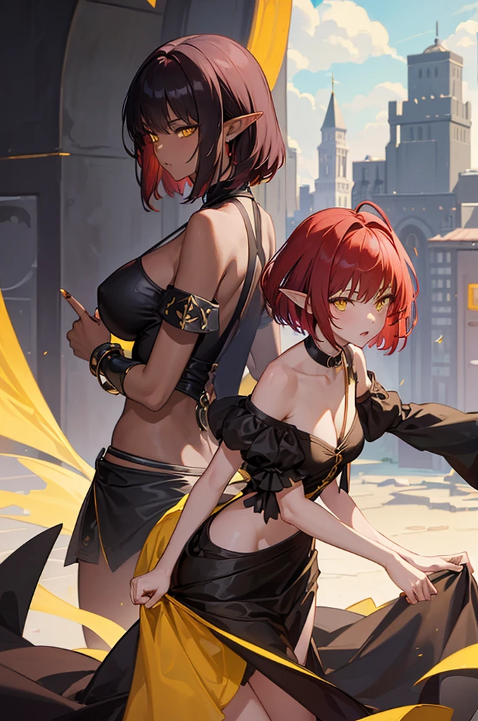 ((best quality)), ((masterpiece)), (detailed), Perfect face, girl, , Red hair, short hair，Brown skin，Yellow eyes,Fantasy style, Off-shoulder dress，Backless，Black tones，Elf ears，Delicate fingers，Big breasts