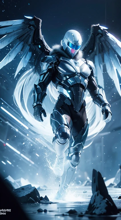 (high-res, vivid colors), blue bird alien, detailed feathers, sparkling eyes, alien landscape, vibrant colors, surreal atmosphere, glowing lights, otherworldly features, intricate patterns, dreamlike scenery, Arctic Frost Ranger: A suit featuring icy blue and frosty white hues, accented with snowflake patterns and frost crystals. This Ranger commands the power of ice and cold, with abilities such as creating blizzards, forming ice constructs for defense, and freezing enemies in their tracks.
