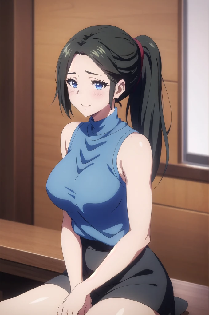 masterpiece, (best quality), 1woman,1girl ,haruhiko_ichijou_mother,  black hair, long hair, ponytail, (blue eyes), (microskirt),big breasts ,, ,sexy woman,smile, hair between eyes,  heart-shaped sleeveless sweater, embarrassed,blush, downblouse , vibrant colors ,natural lighting  ,RTX,  , beautiful, (detailed face:1.2), showcase, (perfect eyes:1.1) ,(photorealistic:1.1), 8k uhd,  looking at viewer, indoors,  simple backround, body shot