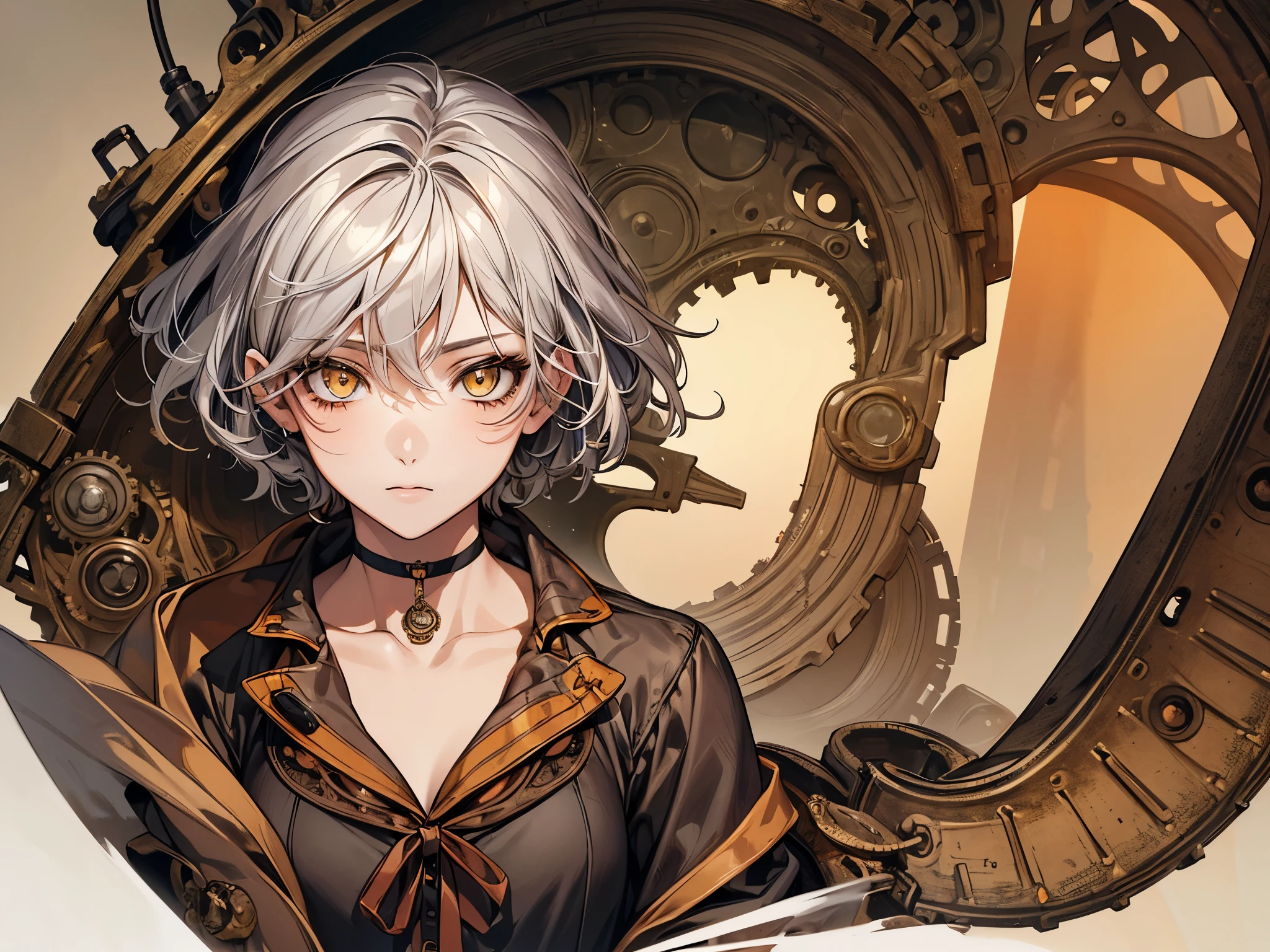 masterpiece, Highest quality, Perfect Face, Highest Resolution, Highest quality,Detailed depiction of the eyes, 1 girl, young, slender body, Short, deep tan skin, slate gray hair, short hair, upturned eyes, Yellow Orange eyes, Perfect Anatomy, steampunk, ribbon choker, Work clothes, Vintage goggles, Workshop