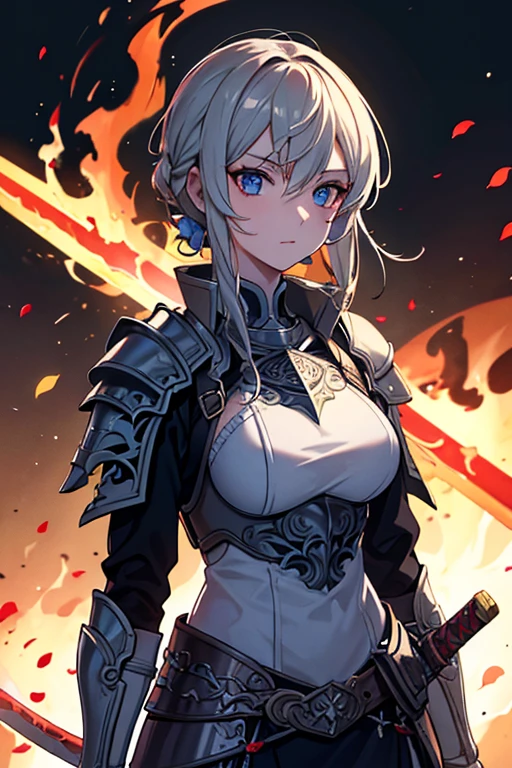Best quality, masterpiece, An adult woman with scars on her face in ornate armor with a burning sword