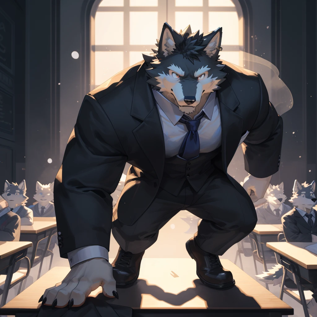 masterpiece,ultra-detailed,illustration,detailed lighting,moonlit shadows,(1 anthro wolf furry character:1.1),(Wolf's facial features:1.1),(Magic academy teacher:1.2),(Completely black fur:1.3),santhropomorphic,piercing eyes,serious expression,black tie,buttoned up all the way,moonlit interior of magic academy classroom,wooden desks and chairs,blackboard,moonlight filtering through tall windows,a sense of strict discipline,cold intellectualism,restraint,Stand upright with feet slightly apart,hands clasped behind back，完美的male身材，Tight clothing，pawpadsanthropology((Dramatic))epic, Dynamic poses, a scene of, Extreme perspective and powerful composition, Depth of Field, Motion blur, absurd, looking at the audience, Perfect anatomical structure, , arms, (best quality), (masterpiece), (ultra deTailed), Clear focus, Niji, Eye contact, Black eyes, anthropology (Wolf), male, Black body,  Tail, muscular, ultra deTailed face，big balls