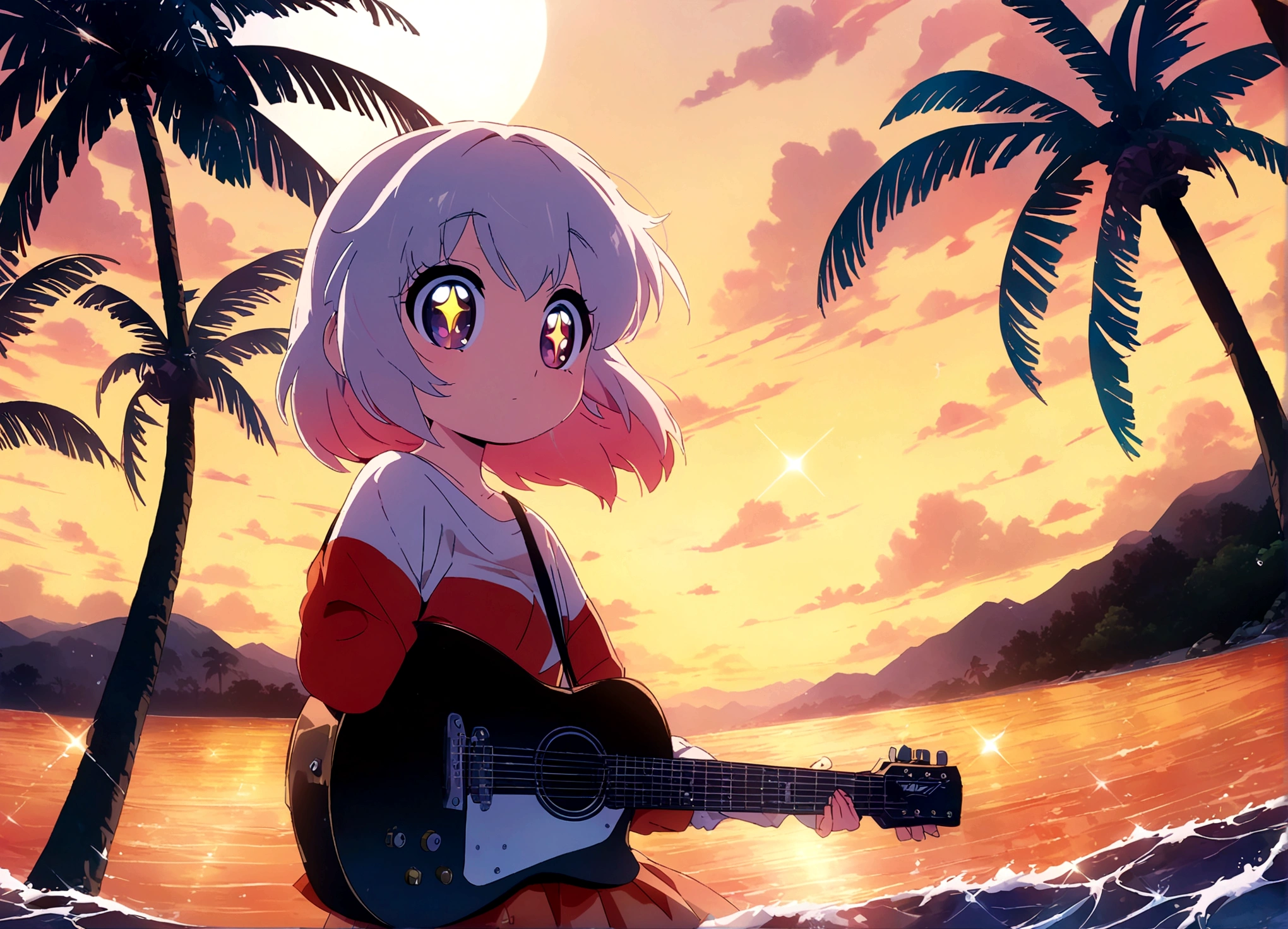 夕暮れ時に棚に座ってplay the guitar少年, Anime Art Wallpapers 8K, anime art wallpaper 4k, anime art wallpaper 4k, Anime Style4K, anime wallpaper 4k, anime wallpaper 4k, anime wallpaper 4k, Manga Wallpaper, 4K Wallpaper, play the guitar, LOFI Girl,(Warm, vibrant colors), (soft, Golden Light), (Sparkling reflections on the water), Anime Style，Ocean，Oceanのビーチ，Coconut Tree