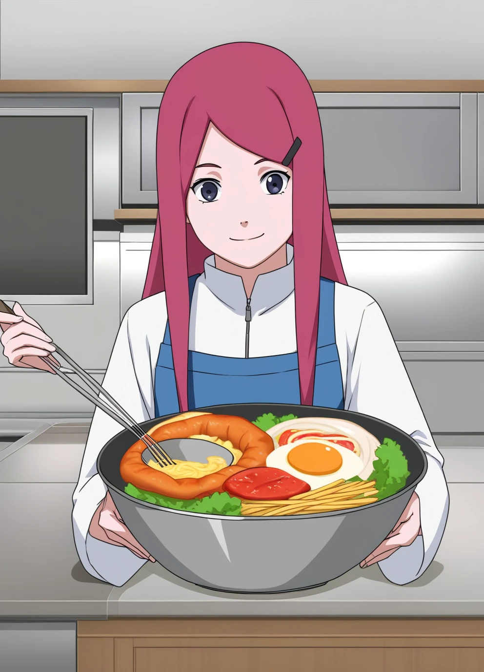 full body, uzumaki kushina, score_9, score_8_up, anime_source, 1 girl, kushinaXL, light red hair, long hair, kitchen, detailed face, smiling, cooking ramen