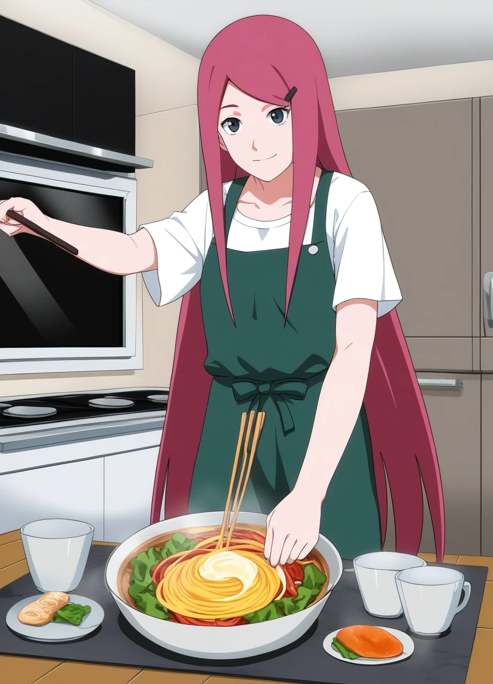 full body, uzumaki kushina, score_9, score_8_up, anime_source, 1 girl, kushinaXL, light red hair, long hair, kitchen, detailed face, smiling, cooking ramen