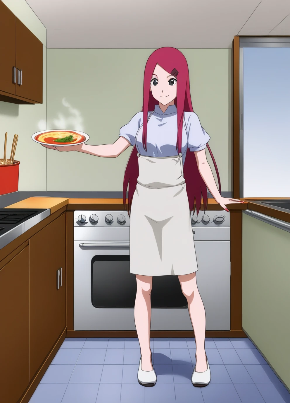 full body, uzumaki kushina, score_9, score_8_up, anime_source, 1 girl, kushinaXL, light red hair, long hair, kitchen, detailed face, smiling, cooking ramen