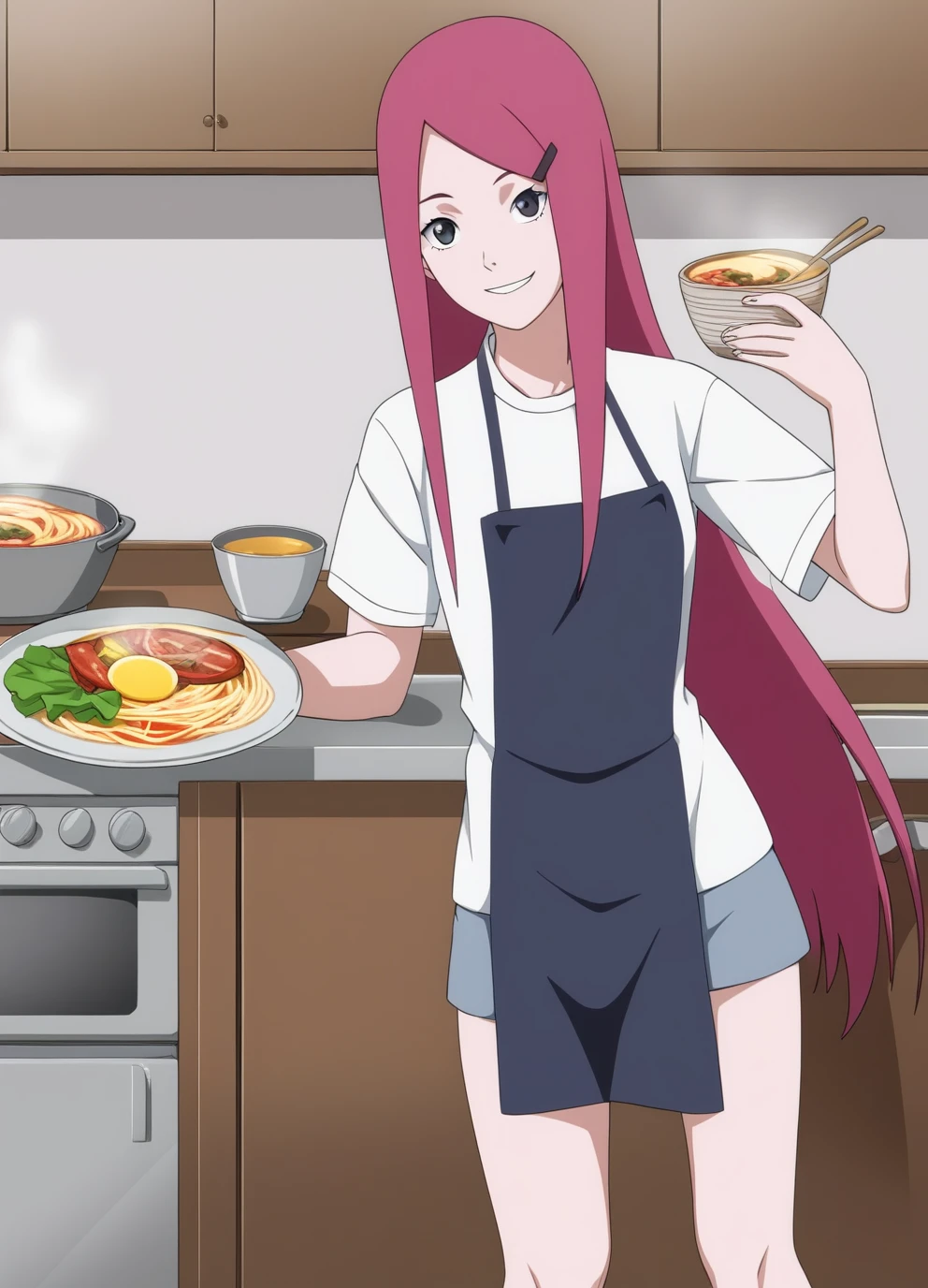 full body, uzumaki kushina, score_9, score_8_up, anime_source, 1 girl, kushinaXL, light red hair, long hair, kitchen, detailed face, smiling, cooking ramen