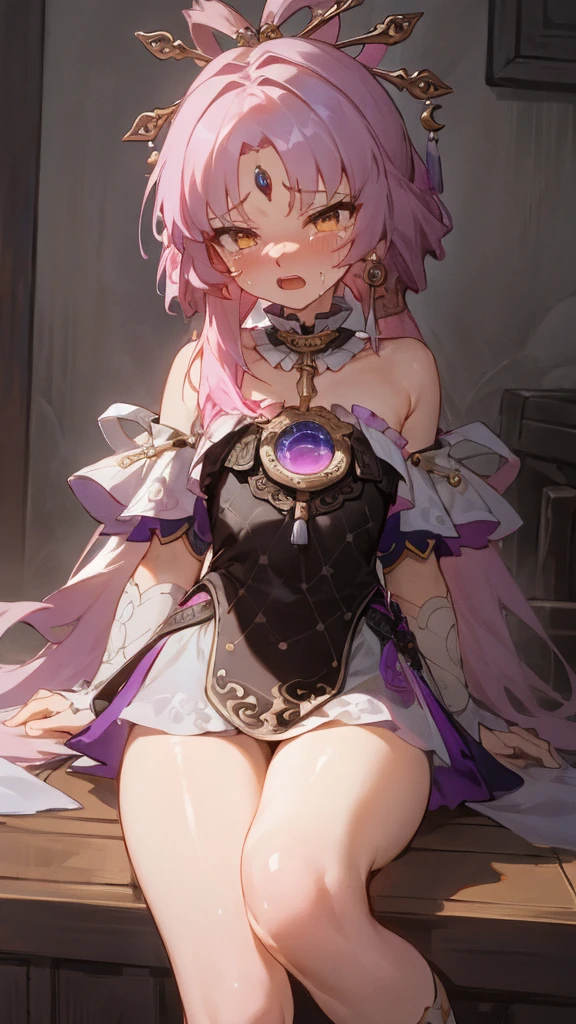 masterpiece, absurd, (Intricate details), (rich and colorful), cinematography lighting, Extremely detailed 8k CG Unity wallpaper, 1 girl, Small Breasts,short ,White Silk, National Foundation, provocation, nervous, Awkward,ashamed, blush, Tattered,Jade Foot, ,Loli Crying,Tighten your legs,open mouth,A white liquid flows from the inside of the mouth,