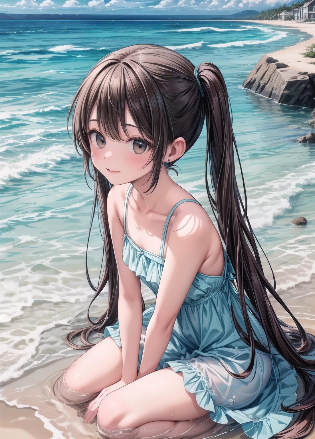 (masterpiece、Highest quality、Highest quality、Official Art、Beautiful and beautiful:1.2)、(1人のgirl:1.3)Hatsune Miku、Twin tails,Beautiful breasts,(Model pose, Leaning forward, hands on knees), Upper Body Shot,
(masterpiece, Highest quality, detailed:1.3), Light watercolor,
girl, Bob, Center Part, amount, Brown Hair, Earrings, Captivating smile,
break (outside, Beach, Ocean:1.2), Summer Dresses