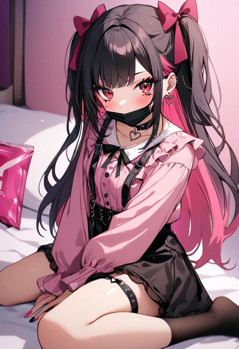 score_9, score_8_up, score_7_up, source_anime, 8k, masterpiece, best quality, ultra-detailed, an extremely delicate and beautiful, official style, depth of field, highly detailed, very aesthetic, intricate, overall detail, perfect anatomy, looking at viewer, ((faint light:1.2)), sit, wariza, on bed, (hotel room, love hotel, pink wall, pink bed sheet), okamoto condoms, holding condom box, pink smartphone, BREAK 1girl, solo, (black hair, pink hair, two-tone hair, multicolored hair), long hair, two side up, black hair bow, red eyes, red eyeshadow under eye, pink cheek, jirai kei, yami_kawaii, (cross-laced clothes, pink shirt, long sleeves, frilled sleeves), frill, black bowtie, black skirt, black suspenders, black socks, heart brooch, heart earrings, ring, (multicolored nails, nail polish, pink nails, black nails), (mouth mask, black mouth mask), black belt, o-ring thigh strap, black choker, smirk